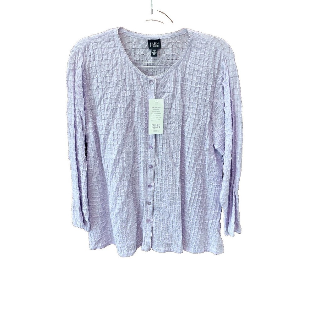 Eileen Fisher NEW Round Neck Button Up Long Sleeve Top XL Wistr Purple Textured